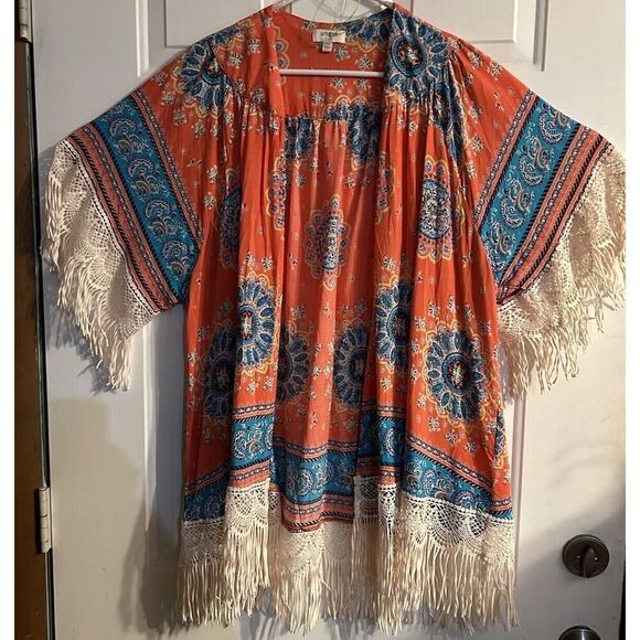 Umgee Womens Multicolor Cardigan Cover Whitish Fringe Size M/L Boho Hippie Free - Picture 1 of 9